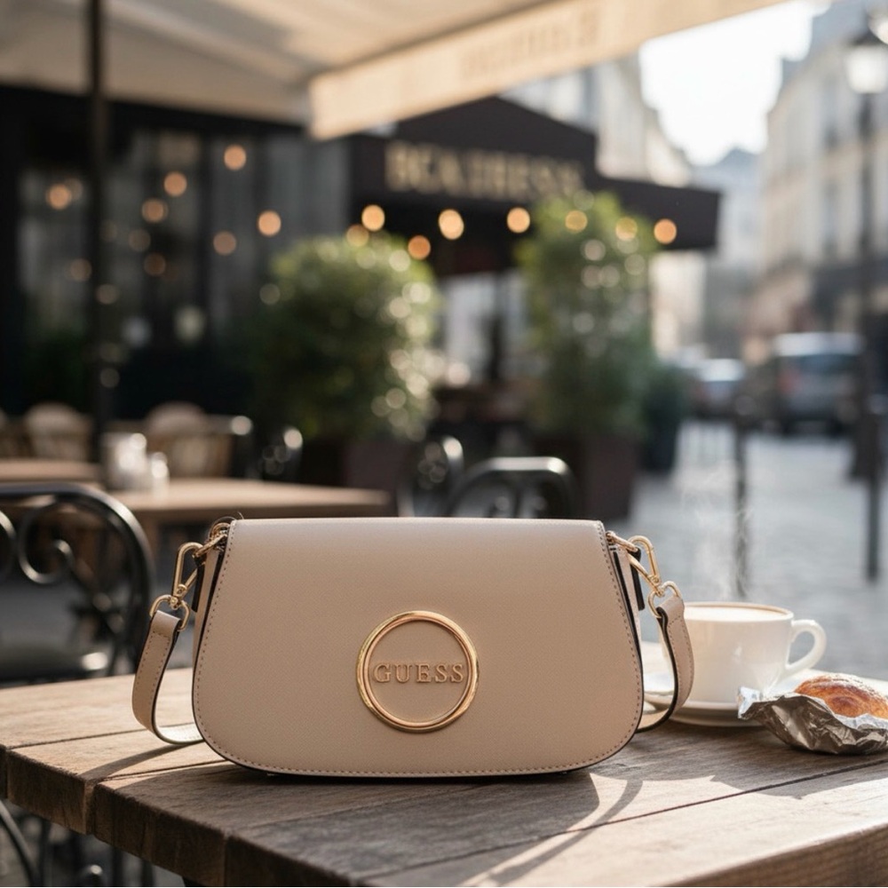 GUESS Taupe Crossbody with Gold Ring Logo